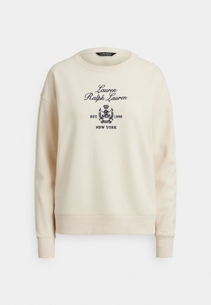 Εκρού φούτερ με κεντητό κείμενο "Lauren Ralph Lauren EST. 1996 NEW YORK" σε σκούρο μπλε, με ριμπ λαιμόκοψη και μανσέτες.