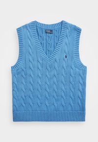 Blaues ärmelloses Pullover aus Kabelstrick mit V-Ausschnitt, verfügt über gerippte Abschlüsse und ein kleines Logo auf der linken Seite der Brust.