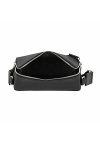 Black synthetic bag with a textured exterior, silver zipper, and adjustable strap. The interior is dark with a subtle geometric pattern.