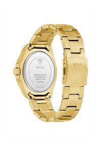 Gouden roestvrijstalen horloge met een schakelarmband. Ronde kast met een zilveren achterkant, waterbestendig tot 50 meter. Beschikt over een klapsluiting.