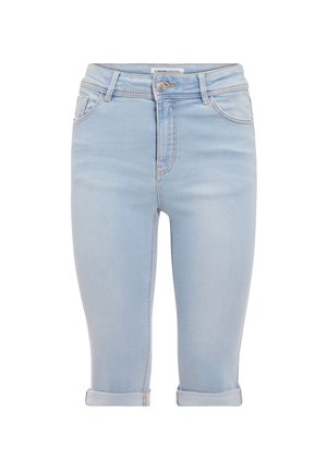 Hellblaue, knielange Jeans aus Denim mit umgeschlagenem Saum, Fünf-Taschen-Design und Knopfverschluss vorne. Weicher Stoff und klassischer Schnitt.