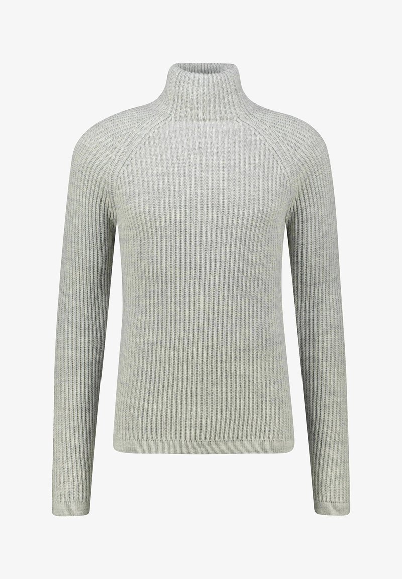 Lys grå ribbestrikket genser med høy hals, lange raglan-ermer og en tettsittende fasong. Myk tekstur og et jevnt mønster gjennom hele.