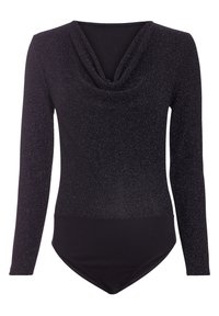 Zwart bodysuit met lange mouwen, col hals en een glinsterende glittertextuur; aansluitend ontwerp met een zwart onderpaneel.