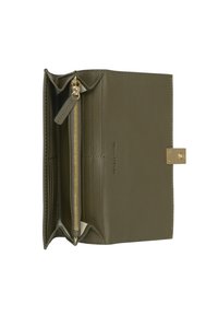 Olijfgroen leren portemonnee met gouden hardware, voorzien van een ritsvak, meerdere kaartsleuven en een drukknoopsluiting.