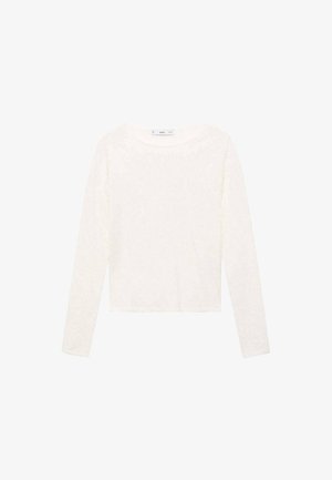 Dugih rukava bijela majica izrađena od mekanog materijala. Ima zaobljen izrez i skraćeni dizajn. Glatka tekstura bez vidljivih uzoraka ili akcenta.