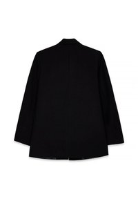 Črn prilagojen plašč z ovratnikom s kleščami in dolgimi rokavi. Ima čist dizajn hrbta in teksturirano tkanino. Brez vidnih zapiranj.