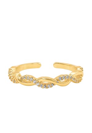 Bague en or ouverte avec un design torsadé comportant une rangée de petits pierres précieuses claires le long d'une torsion.