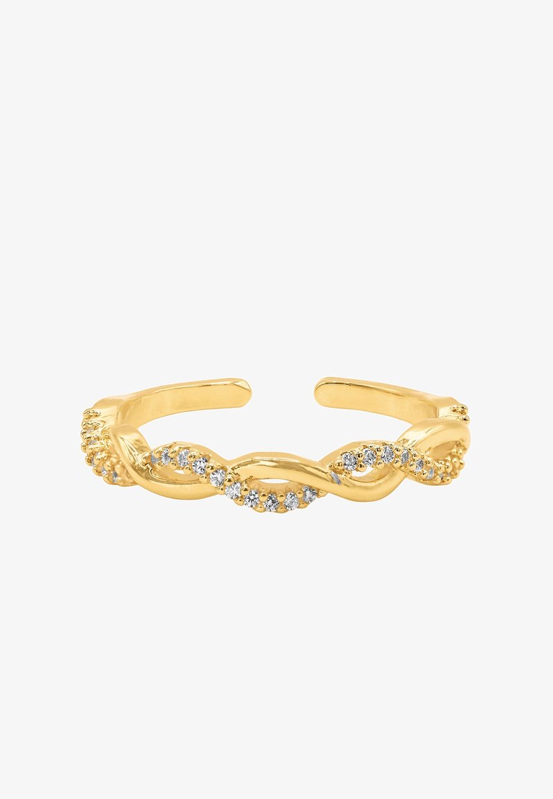 Bague en or ouverte avec un design torsadé comportant une rangée de petits pierres précieuses claires le long d'une torsion.