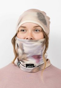 Multifunctionele hoofdbedekking gemaakt van zachte, rekbare stof, met een verfijnd abstract patroon in zachte pastelkleuren. Inclusief merklabel.