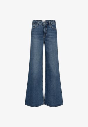 Wijd uitlopende spijkerbroek van blauwe denim, met een hoge taille, stiksel op de voorzakken en een licht versleten textuur.