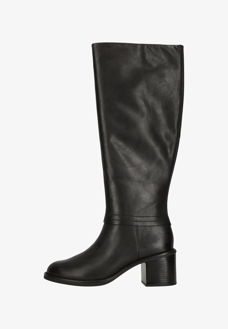 Bottes en cuir noir montantes jusqu'au genou avec un bout arrondi et un talon carré. Présente une texture lisse et un subtil détail de couture horizontale.