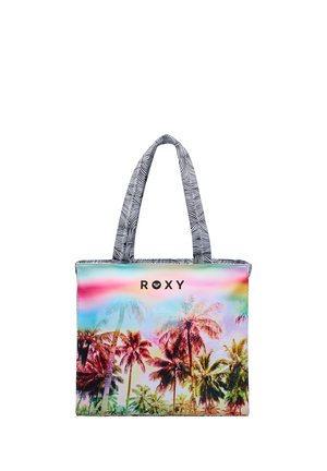 Tasche aus Stoff mit schwarz-weiß gestreiften Griffen, buntem Palmenmuster und "ROXY"-Logo auf einem Farbverlauf aus Pink, Blau und Gelb.
