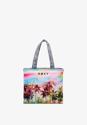 Torba na ramię z czarno-białymi paskowanymi uchwytami, kolorowym nadrukiem palmy i logo "ROXY" na różowo-niebiesko-żółtym gradientowym tle.