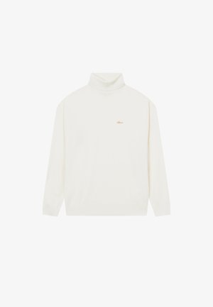 Cream turtleneck sweater made from soft fabric. Features long sleeves, ribbed cuffs and hem, with a small gold logo on the front.