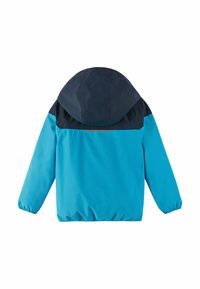 Giacca impermeabile blu Colorata con cappuccio navy. Presenta polsini elasticizzati e una vestibilità dritta. Design semplice senza hardware o motivi visibili.