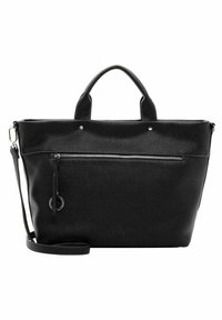 Black leather tote bag with a textured surface, dual top handles, and a detachable shoulder strap. Features front zipper pocket and metal accents.