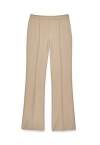 Beige korkeavyötäröiset naisten housut, joissa on hieno flare, näkyvät kes seams ja sulava vyötärönauha, asetettu tasaiselle valkoiselle taustalle.