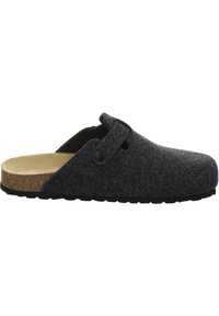 Gray felt clogs with a brown cork footbed, rounded toe, and a side strap. Textured surface and black rubber outsole for grip.