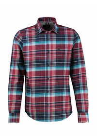 Herren-Hemd mit Karomuster in Rot, Blau und Marineblau, Knopfverschluss vorne, Kragen, langen Ärmeln und einer Brusttasche. Baumwollmischung.