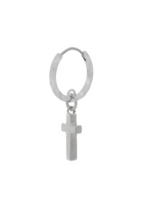 Orecchino a cerchio in argento con un piccolo pendente a croce testurizzato, con finitura lucida e un design semplice e minimalista.