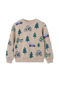 Beige sweatshirt met speelse patronen van blauwe auto's, groene vrachtwagens en bomen. De materialen lijken zacht; het ontwerp heeft ribgebreide manchetten en een zoom.