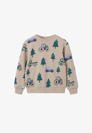 Beige sweatshirt met speelse patronen van blauwe auto's, groene vrachtwagens en bomen. De materialen lijken zacht; het ontwerp heeft ribgebreide manchetten en een zoom.