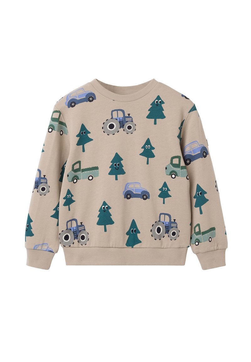 Beige sweatshirt met speelse patronen van blauwe auto's, groene vrachtwagens en bomen. De materialen lijken zacht; het ontwerp heeft ribgebreide manchetten en een zoom.