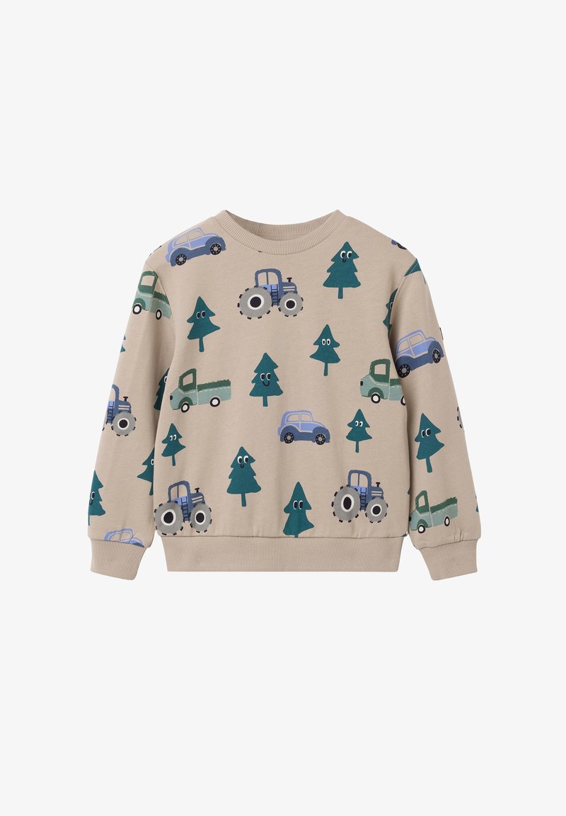 Beige sweatshirt met speelse patronen van blauwe auto's, groene vrachtwagens en bomen. De materialen lijken zacht; het ontwerp heeft ribgebreide manchetten en een zoom.
