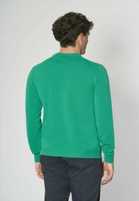 Maglione verde a maniche lunghe realizzato in un morbido tessuto a maglia. Presenta un collo rotondo e polsini a costine, con una trama liscia e un design aderente.