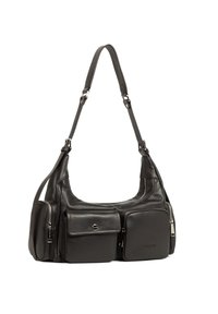 Zwarte leren schoudertas met meerdere ritssluitingen, een gladde textuur, een gebogen vorm en een verstelbare schouderband. Bevat een metallic logo accent.