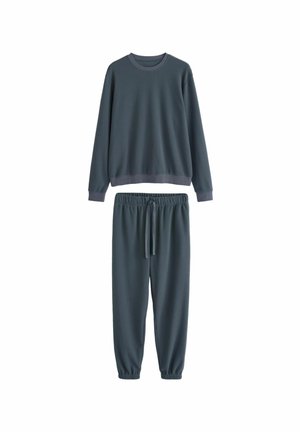 Ensemble de lounge en tissu côtelé gris foncé comprenant un sweatshirt à col ras du cou et un pantalon de jogging assorti avec taille élastique et poignets. 
