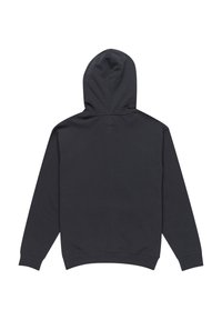 Black hoodie with a kangaroo pocket and drawstring hood. Made of soft cotton fabric, it features ribbed cuffs and a straight hem.