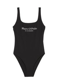 Baño negro de una sola pieza con tirantes anchos y pierna alta. Presenta texto blanco "Marc O'Polo EST. EN ESTOCOLMO" en el frente.