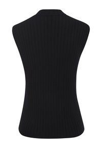 Zwarte ribgebreide mouwloze top met hoge halslijn, aansluitende snit, weergegeven vanaf de achterkant.