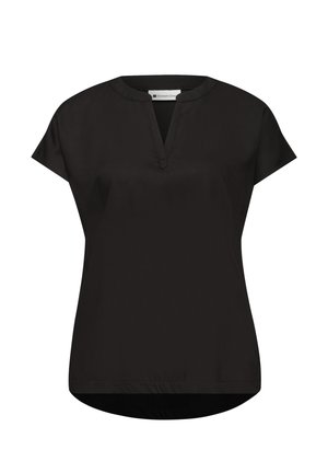 Blouse noire à manches courtes avec un col rond et une encoche en forme de V, ourlet légèrement courbé, présentée sur un fond blanc.