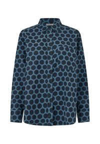 Camicia a maniche lunghe blu navy con pois neri. Presenta una tasca sul petto e un colletto classico. Tessuto di cotone morbido.
