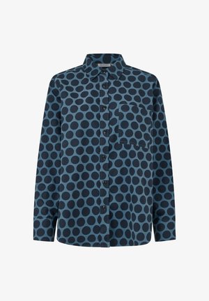 Mörkblå långärmad skjorta med knappar och svarta prickar. Har en bröstficka och en klassisk krage. Slätt bomullstyg.