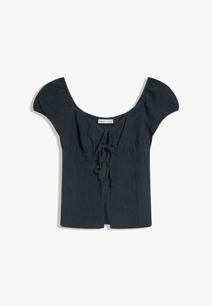 Černá krátká blůza s nafouknutými rukávy, čtvercovým výstřihem a předním zavázáním, položena na bílém pozadí.