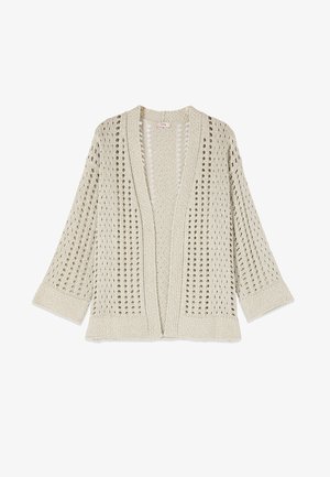Beige avoin neulecardigan leveillä hihoilla ja teksturoidulla pystysuuntaisella silmukkakuviolla.