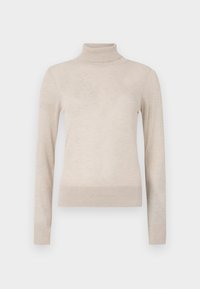 Pull à col roulé beige en tissu tricoté doux. Il possède des manches longues ainsi que des poignets et un ourlet côtelés pour un ajustement confortable. Un incontournable de la garde-robe.