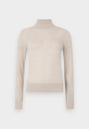 Bež pletena dolčevita iz mehkega pletenega materiala. Ima dolge rokave ter rebraste manšete in rob za udobno prileganje. Osnovni kos garderobe.