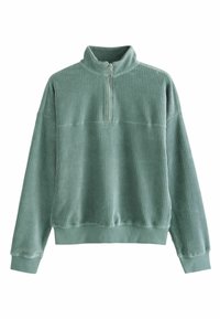 Grøn fløjls pullover med høj krave og halvlynlås. Har ribbet tekstur, langeærmer og en afslappet pasform.