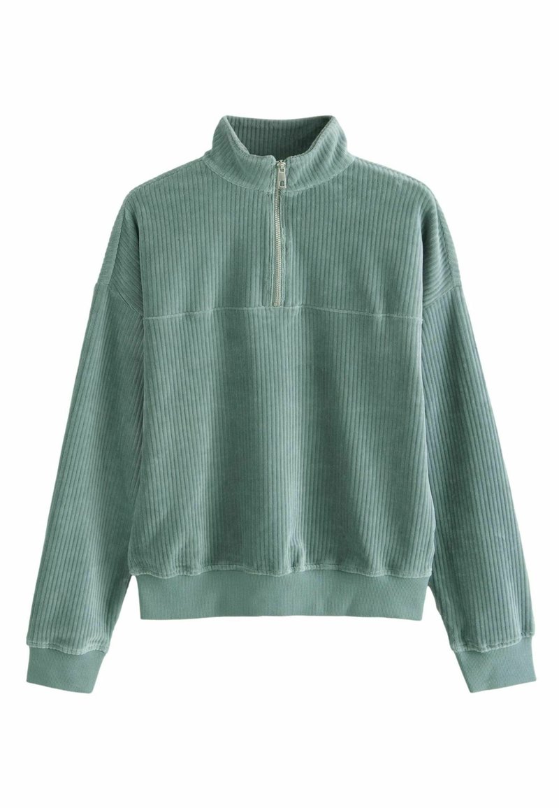 Grøn fløjls pullover med høj krave og halvlynlås. Har ribbet tekstur, langeærmer og en afslappet pasform.