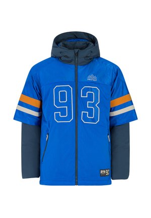 Blauwe perforated jas met een capuchon, voorzien van oranje en witte strepen op de mouwen en het nummer 93 afgedrukt op de voorkant. Ritszakken.