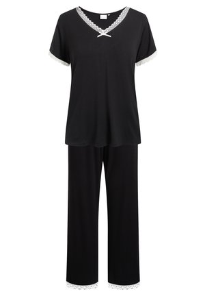 Must mustri komplekt, mis koosneb lühikestest varrukatest ülikonnast ja pikkadest pükstest. Ülikonna V-kaelus on kaunistatud valge pitsiga ja siidriba küljes, samas kui pükste säärte kaudu on samuti pitsi aktsente.