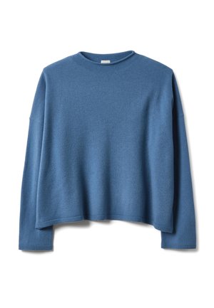 Blauer Pullover mit langen Ärmeln aus weichem Stoff, Rundhalsausschnitt und lockerer Passform. Mit gerippten Bündchen an Ärmeln und Saum.