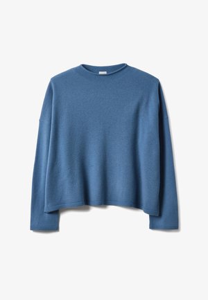 Blauer Pullover mit langen Ärmeln aus weichem Stoff, Rundhalsausschnitt und lockerer Passform. Mit gerippten Bündchen an Ärmeln und Saum.