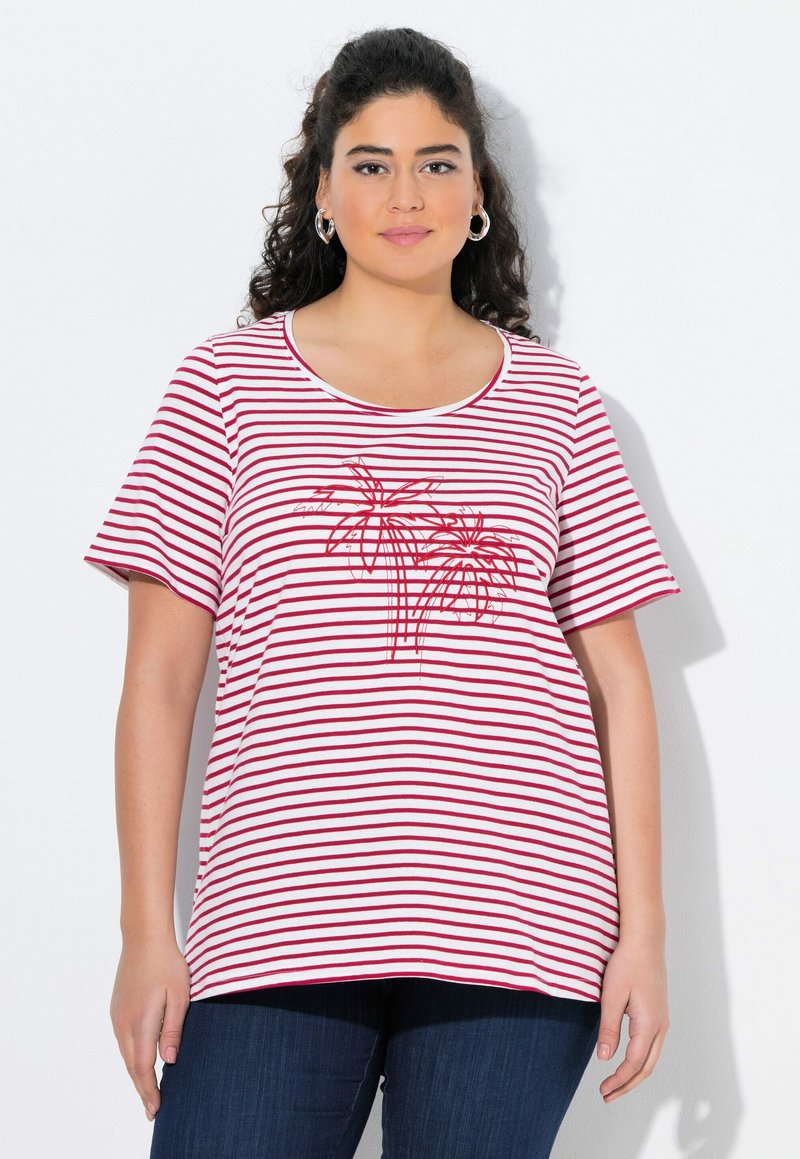 Czerwony i biały w paski T-shirt z krótkim rękawem, okrągłym dekoltem i grafika palmy na środku. Bawełnowy materiał, luźny krój.