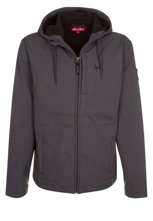 Grå lynlåstrøje med hætte, forlommer, snøre til hætten og en diskret logo på brystet og lynlåstrækkeren.