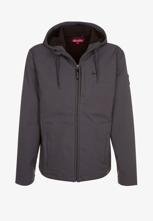 Gray zip-up hooded jacket with front pockets, drawstring hood, and subtle logo on the chest and zipper pull.